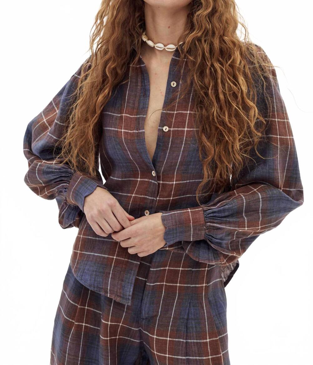 NEW LANHTROPY camille linen shirt in forest checks